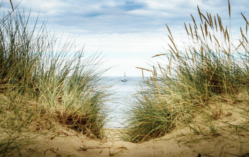 Suffolk coast, yacht through dunes at Southwold